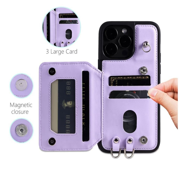 Purple Leather Wallet Case for iPhone 13 Pro Max / 13 Pro / 13 Plus - Picture 2 of 6